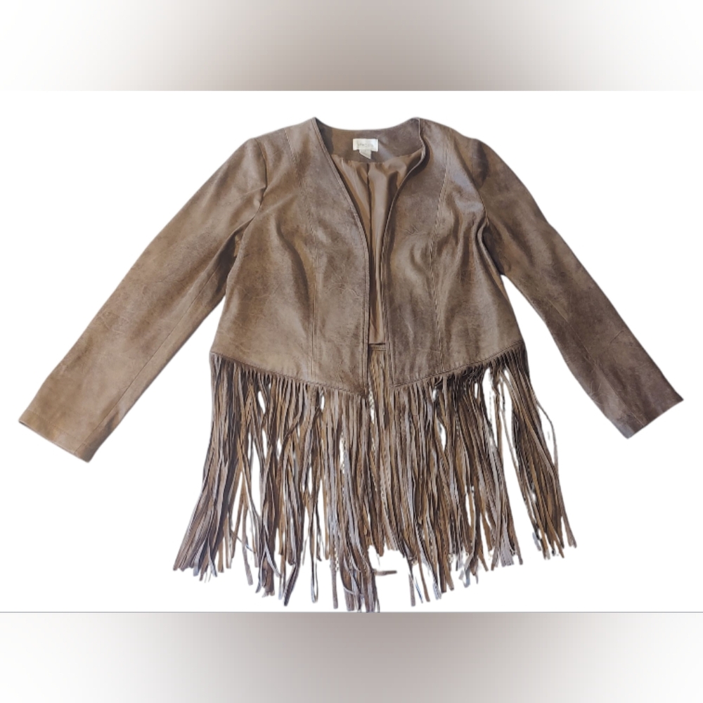 Chico's Women's Size 1 Faux Suede Fringe Jacket Brown